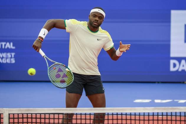 DALLAS, TX - FEBRUARY 09: Frances Tiafoe (USA) hits a volley during the Dallas Open on February 9, 2024 at Styslinger Altec Tennis Complex in Dallas, TX. (Photo by George Walker Icon Sportswire) TENNIS: FEB 09 Dallas Open EDITORIAL USE ONLY Icon24020935
