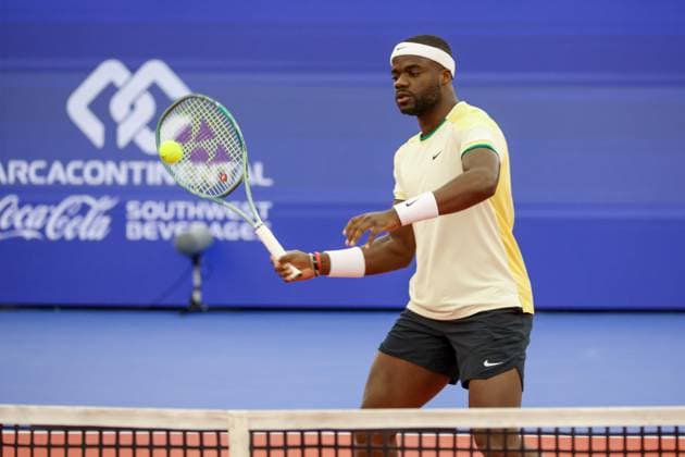 DALLAS, TX - FEBRUARY 09: Frances Tiafoe (USA) hits a volley during the Dallas Open on February 9, 2024 at Styslinger Altec Tennis Complex in Dallas, TX. (Photo by George Walker Icon Sportswire) TENNIS: FEB 09 Dallas Open EDITORIAL USE ONLY Icon24020936