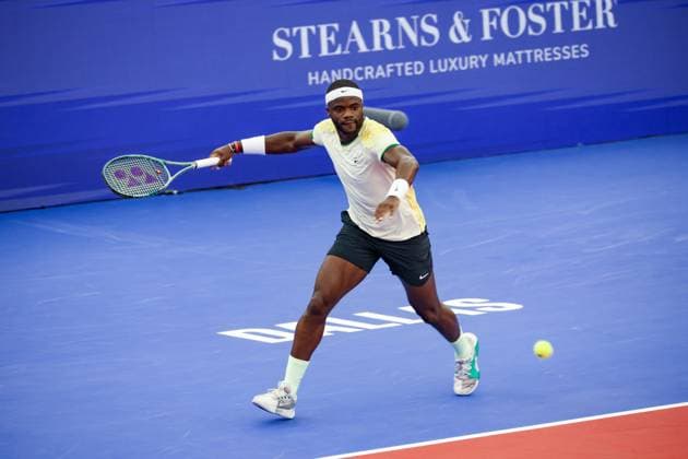 DALLAS, TX - FEBRUARY 09: Frances Tiafoe (USA) hits a forehand during the Dallas Open on February 9, 2024 at Styslinger Altec Tennis Complex in Dallas, TX. (Photo by George Walker Icon Sportswire) TENNIS: FEB 09 Dallas Open EDITORIAL USE ONLY Icon24020947