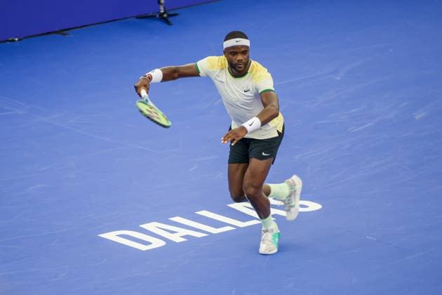 DALLAS, TX - FEBRUARY 09: Frances Tiafoe (USA) hits a forehand during the Dallas Open on February 9, 2024 at Styslinger Altec Tennis Complex in Dallas, TX. (Photo by George Walker Icon Sportswire) TENNIS: FEB 09 Dallas Open EDITORIAL USE ONLY Icon24020949