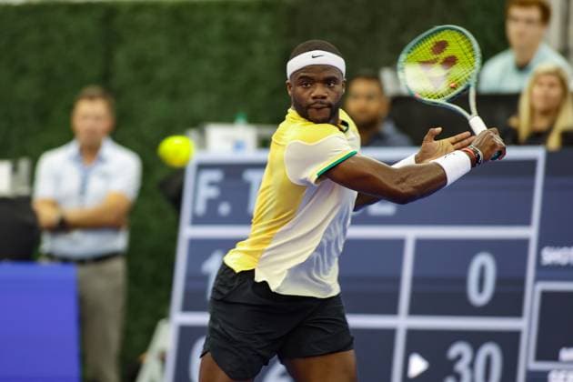DALLAS, TX - FEBRUARY 09: Frances Tiafoe (USA) hits a backhand during the Dallas Open on February 9, 2024 at Styslinger Altec Tennis Complex in Dallas, TX. (Photo by George Walker Icon Sportswire) TENNIS: FEB 09 Dallas Open EDITORIAL USE ONLY Icon24020951