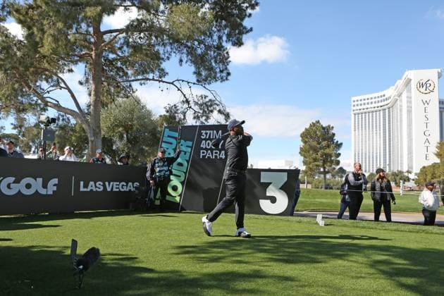 LAS VEGAS, NV - FEBRUARY 09: Harold Varner III of 4Aces GC tees off during the LIV Golf League tournament on February 09, 2024 at the Las Vegas Country Club in Las Vegas, NV. (Photo by Matthew Bolt Icon Sportswire) GOLF: FEB 09 LIV Golf League Las Vegas EDITORIAL USE ONLY Icon240209192083