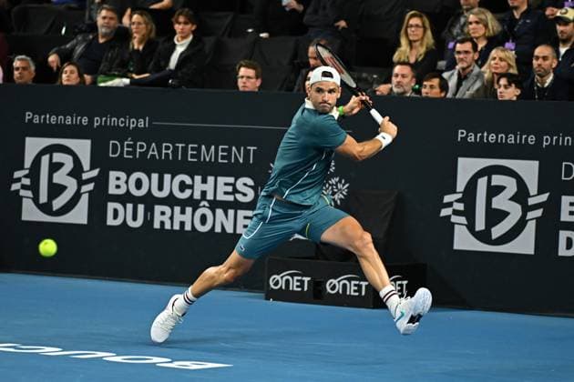 Open 13 Provence - Marseille Grigor Dimitrov (BUL) during his quarter final round match at the Open 13 Provence in Marseille, on February, 9, 2024. Photo by Corinne Dubreuil ABACAPRESS.COM Marseille France  Copyright: xDubreuilxCorinne ABACAx