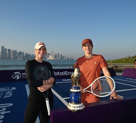 Qatar TotalEnergies Open 2024 Iga Swiatek POL and Marketa Vondrousova CZE at the Photostand at Mia Park Doha