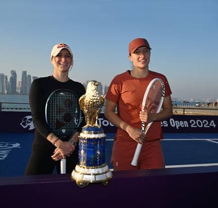 Qatar TotalEnergies Open 2024 Iga Swiatek POL and Marketa Vondrousova CZE at the Photostand at Mia Park Doha