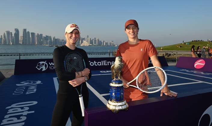 Qatar TotalEnergies Open 2024 Iga Swiatek POL and Marketa Vondrousova CZE at the Photostand at Mia Park Doha