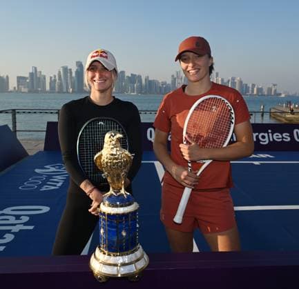 Qatar TotalEnergies Open 2024 Iga Swiatek POL and Marketa Vondrousova CZE at the Photostand at Mia Park Doha