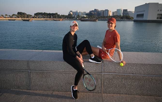 Qatar TotalEnergies Open 2024 Iga Swiatek POL and Marketa Vondrousova CZE at the Photostand at Mia Park Doha