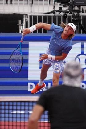 February 10, 2024, Dallas, Texas, United States: February 10, 2024, Dallas, Texas, United States: Max Purcel (AUS) serves in men s doubles quarter final match during the Dallas Open at the Styslinger ALTEC Tennis Center on the campus of Southern Methodist University. on February 10, 2024 in Dallas, Texas, United States. Dallas United States - ZUMAe321 20240210_zsa_e321_008 Copyright: xJavierxVicenciox xEyepixxGroupx