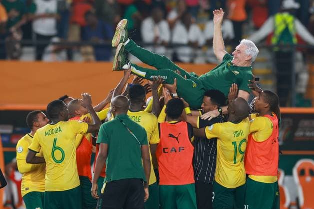 ABIDJAN, COTE D IVOIRE - FEBRUARY 10; South Africa celebrate victory during the TotalEnergies Caf Africa Cup of Nations (Afcon 2023) Third Place match between South Africa and Congo Dr at Stade Felix Houphouet-Boigny on February 10, 2024 in Abidjan, Cote d Ivore. Photo by Didier Lefa Copyright: xx