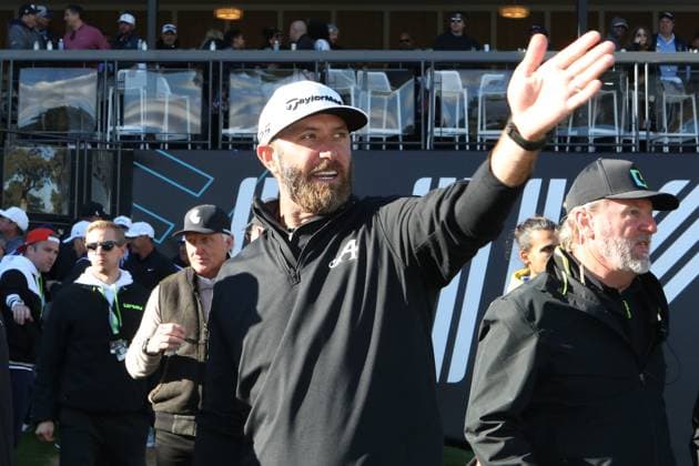 LAS VEGAS, NV - FEBRUARY 10: Dustin Johnson captain of 4Aces GC celebrates after winning the LIV Golf League tournament on February 10, 2024 at the Las Vegas Country Club in Las Vegas, NV. (Photo by Matthew Bolt Icon Sportswire) GOLF: FEB 10 LIV Golf League Las Vegas EDITORIAL USE ONLY Icon240210194836
