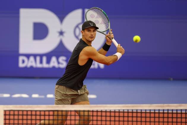 DALLAS, TX - FEBRUARY 11: Marcos Giron (USA) hits a volley during the Dallas Open on February 11, 2024 at Styslinger Altec Tennis Complex in Dallas, TX. (Photo by George Walker Icon Sportswire) TENNIS: FEB 11 Dallas Open EDITORIAL USE ONLY Icon24021102