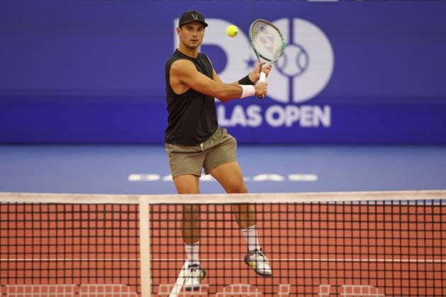 DALLAS, TX - FEBRUARY 11: Marcos Giron (USA) hits a volley during the Dallas Open on February 11, 2024 at Styslinger Altec Tennis Complex in Dallas, TX. (Photo by George Walker Icon Sportswire) TENNIS: FEB 11 Dallas Open EDITORIAL USE ONLY Icon24021103