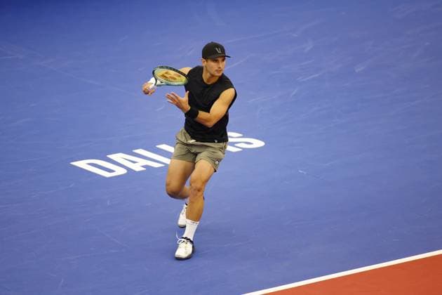 DALLAS, TX - FEBRUARY 11: Marcos Giron (USA) hits a forehand during the Dallas Open on February 11, 2024 at Styslinger Altec Tennis Complex in Dallas, TX. (Photo by George Walker Icon Sportswire) TENNIS: FEB 11 Dallas Open EDITORIAL USE ONLY Icon24021106