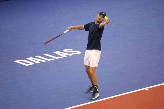DALLAS, TX - FEBRUARY 11: Tommy Paul (USA) serves during the Dallas Open on February 11, 2024 at Styslinger Altec Tennis Complex in Dallas, TX. (Photo by George Walker Icon Sportswire) TENNIS: FEB 11 Dallas Open EDITORIAL USE ONLY Icon24021107