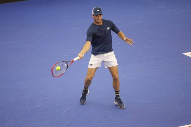 DALLAS, TX - FEBRUARY 11: Tommy Paul (USA) hits a forehand during the Dallas Open on February 11, 2024 at Styslinger Altec Tennis Complex in Dallas, TX. (Photo by George Walker Icon Sportswire) TENNIS: FEB 11 Dallas Open EDITORIAL USE ONLY Icon24021109