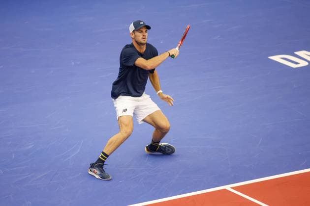 DALLAS, TX - FEBRUARY 11: Tommy Paul (USA) hits a forehand during the Dallas Open on February 11, 2024 at Styslinger Altec Tennis Complex in Dallas, TX. (Photo by George Walker Icon Sportswire) TENNIS: FEB 11 Dallas Open EDITORIAL USE ONLY Icon24021110