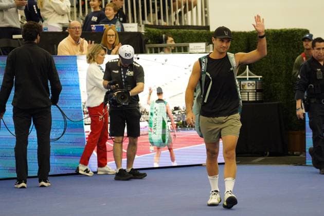 February 11, 2024, Dallas, Texas, USA: Dallas, Texas, USA: American tennis player Marcos Giron walks into the court moments before the beginning of the championship game of the Dallas Open at the Styslinger ALTEC Tennis Center on the campus of Southern Methodist University on Saturday February 10, 2024. Dallas USA - ZUMAv131 20240211_znp_v131_009 Copyright: xJavierxVicenciox