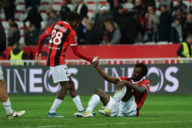 Hicham Boudaoui (OGC Nice) - Evann Guesssand (OGC Nice) FOOTBALL : OGC Nice vs AS Monaco - Ligue 1 Uber Eats - Nice - 11 02 2024 NorbertScanella Panoramic 