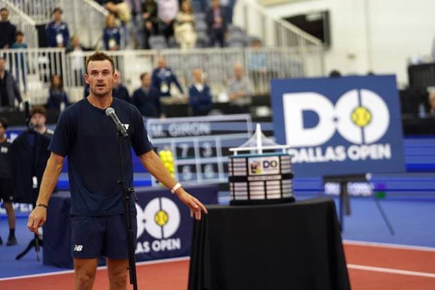 February 11, 2024, Dallas, Texas, USA: Dallas, Texas, USA: American tennis player Tommy Paul speaks to the crowd after winning the championship game of the Dallas Open at the Styslinger ALTEC Tennis Center on the campus of Southern Methodist University on Sunday February 11, 2024. Dallas USA - ZUMAv131 20240211_znp_v131_014 Copyright: xJavierxVicenciox