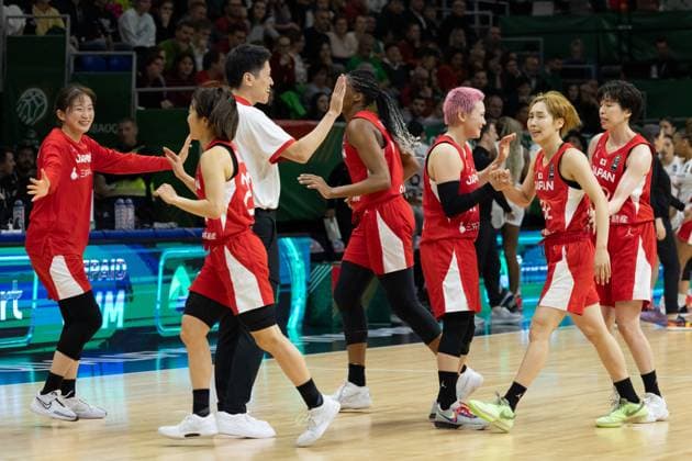(240212) -- SOPRON, Feb. 12, 2024 -- Members of team Japan react after winning the match between Canada and Japan at the FIBA Women s Olympic qualifying tournament in Sopron, Hungary on Feb. 11, 2024. (Photo by Xinhua) (SP) HUNGARY-SOPRON-BASKETBALL-FIBA WOMEN S OLYMPIC QUALIFIERS-CANADA VS JAPAN AttilaxVolgyi 