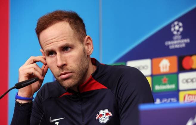 RB Leipzig press conference Champions League Leipzig, 12 02 2024, RB Academy, Champions League, round of 16 , RB Leipzig press conference on the eve of RBLeipzig v Real Madrid , In the picture goalkeeper Peter Gulacsi 1, RB Leipzig , Picture Point