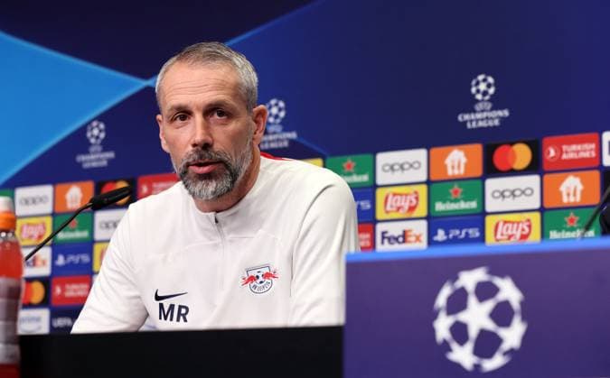 RB Leipzig press conference Champions League Leipzig, 12 02 2024, RB Academy, Champions League, round of 16 , RB Leipzig press conference on the eve of RBLeipzig v Real Madrid , In the picture coach Marco Rose RB Leipzig , Picture Point
