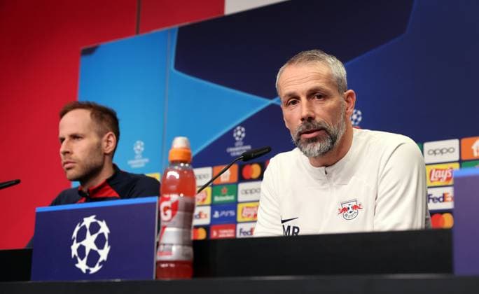 RB Leipzig press conference Champions League Leipzig, 12 02 2024, RB Academy, Champions League, round of 16 , RB Leipzig press conference on the eve of RBLeipzig v Real Madrid , In the picture from l goalkeeper Peter Gulacsi 1, RB Leipzig and coach Marco Rose RB Leipzig , Picture Point