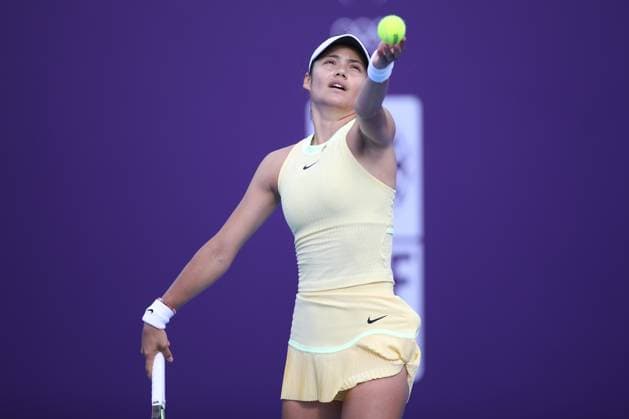 DOHA, QATAR - FEBRUARY 12: Emma Raducanu of Great Britain in action against Anhelina Kalinina of Ukraine in the first round on Day 2 during the Qatar TotalEnergies Open, part of the Hologic WTA, Tennis Damen Tour at Khalifa International Tennis and Squash Complex on February 12, 2024 in Doha, Qatar  Copyright: xx