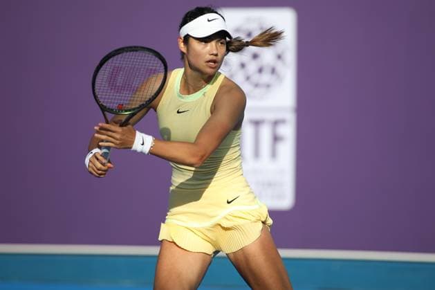 DOHA, QATAR - FEBRUARY 12: Emma Raducanu of Great Britain in action against Anhelina Kalinina of Ukraine in the first round on Day 2 during the Qatar TotalEnergies Open, part of the Hologic WTA, Tennis Damen Tour at Khalifa International Tennis and Squash Complex on February 12, 2024 in Doha, Qatar  Copyright: xx
