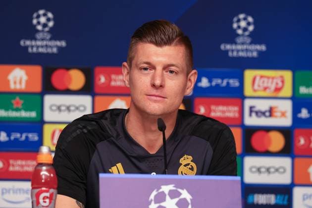 Press conference Real Madrid UEFA Champions League Leipzig, 12 02 2024, Red Bull Arena, Football, Men, Season 2023 2024, UEFA Champions League, Round of 16, Press conference Real Madrid , Pictured Toni Kroos 8, Real ,