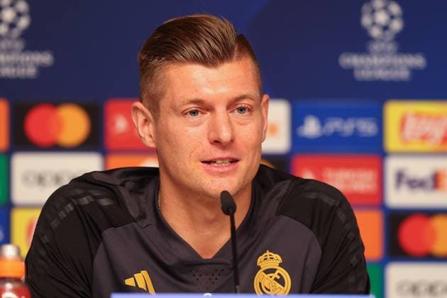 Press conference Real Madrid UEFA Champions League Leipzig, 12 02 2024, Red Bull Arena, Football, Men, Season 2023 2024, UEFA Champions League, Round of 16, Press conference Real Madrid , Pictured Toni Kroos 8, Real ,