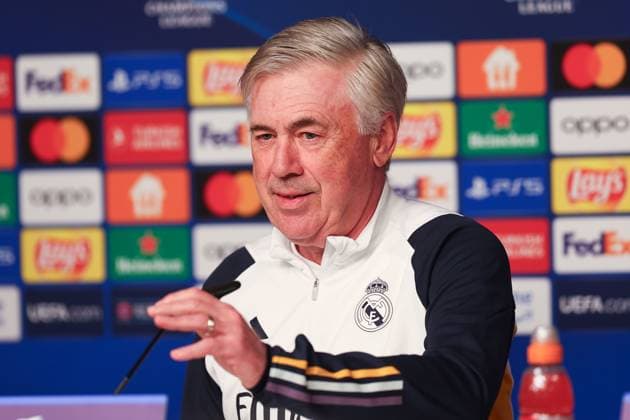 Press conference Real Madrid UEFA Champions League Leipzig, 12 02 2024, Red Bull Arena, Football, Men, Season 2023 2024, UEFA Champions League, Round of 16, Press conference Real Madrid , In the picture from l Coach Carlo Ancelotti, Real Madrid ,