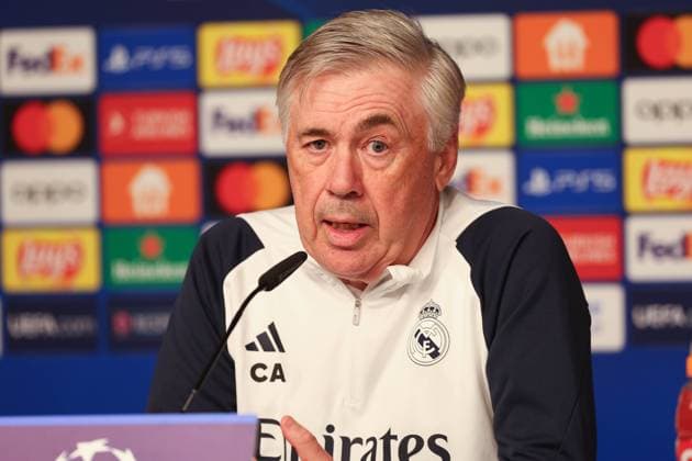 Press conference Real Madrid UEFA Champions League Leipzig, 12 02 2024, Red Bull Arena, Football, Men, Season 2023 2024, UEFA Champions League, Round of 16, Press conference Real Madrid , In the picture from l Coach Carlo Ancelotti, Real Madrid ,