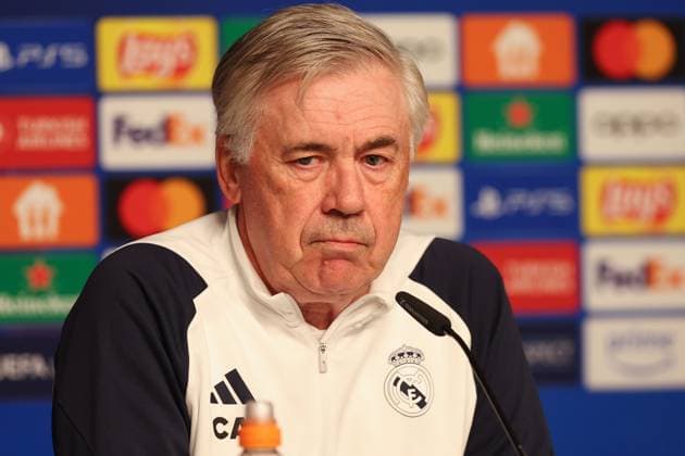 Press conference Real Madrid UEFA Champions League Leipzig, 12 02 2024, Red Bull Arena, Football, Men, Season 2023 2024, UEFA Champions League, Round of 16, Press conference Real Madrid , In the picture from l Coach Carlo Ancelotti, Real Madrid ,