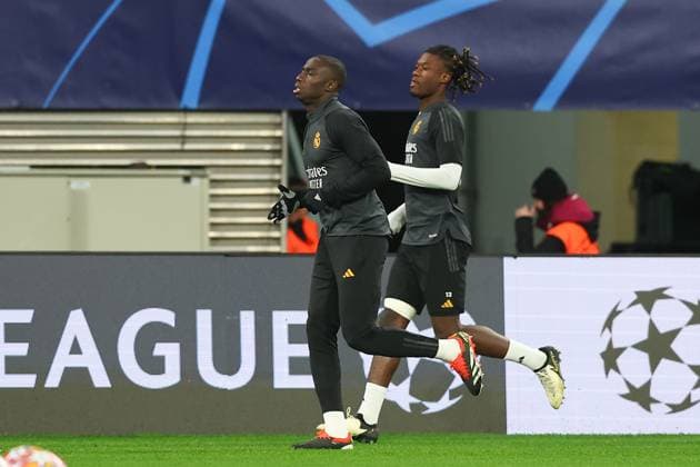 Final training Real Madrid UEFA Champions League Leipzig, 12 02 2024, Red Bull Arena, Football, Men, Season 2023 2024, UEFA Champions League, Round of 16, Final training Real Madrid , In the picture Warm-up Real Madrid ,