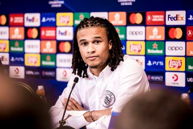 Manchester City press conference, PK, Pressekonferenz ahaed of UEFA Champions League clash in Copnhagen, Denmark Copenhagen, Denmark. 12th, February 2024. Nathan Ake of Manchester City seen at the press conference ahead of the UEFA Champions League match between FC Copenhagen and Manchester City at Parken in Copenhagen. Copenhagen Denmark  Copyright: xGonzalesxPhoto LassexLagonix