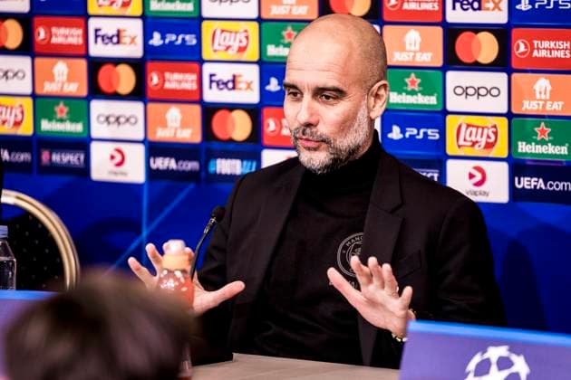 Manchester City press conference, PK, Pressekonferenz ahaed of UEFA Champions League clash in Copnhagen, Denmark Copenhagen, Denmark. 12th, February 2024. Head coach Pep Guardiola of Manchester City seen at the press conference ahead of the UEFA Champions League match between FC Copenhagen and Manchester City at Parken in Copenhagen. Copenhagen Denmark  Copyright: xGonzalesxPhoto LassexLagonix