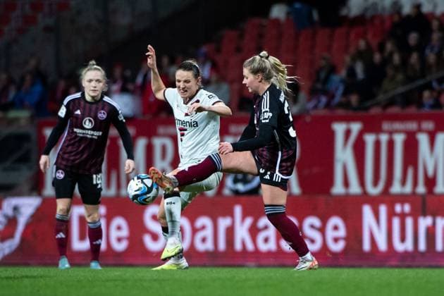Selma Magnusdottir FC Nuernberg, 37 in duel with Verena Wieder Bayer 04 Leverkusen, 31 , GER, FC Nuernberg vs Bayer 04 Leverkusen, Football Google Pixel Womens Bundesliga, Matchday 13, Season 2023 2024, 12 02 2024 DFB regulations prohibit any use of photographs as image sequences and or quasi video GER, FC Nuernberg vs Bayer 04 Leverkusen, Football Google Pixel Womens Bundesliga, Matchday 13, Season 2023 2024, 12 02 2024 Nuernberg Copyright: xEibner-Pressefoto Memmlerx EP_MMR