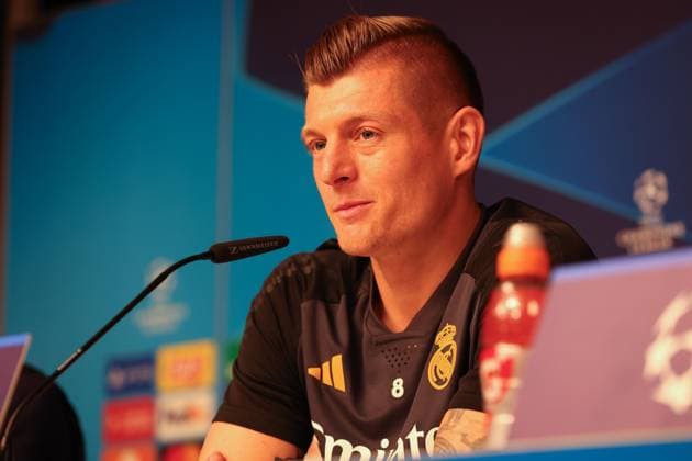 Press conference Real Madrid UEFA Champions League Leipzig, 12 02 2024, Red Bull Arena, Football, Men, Season 2023 2024, UEFA Champions League, Round of 16, Press conference Real Madrid , Pictured Toni Kroos 8, Real ,