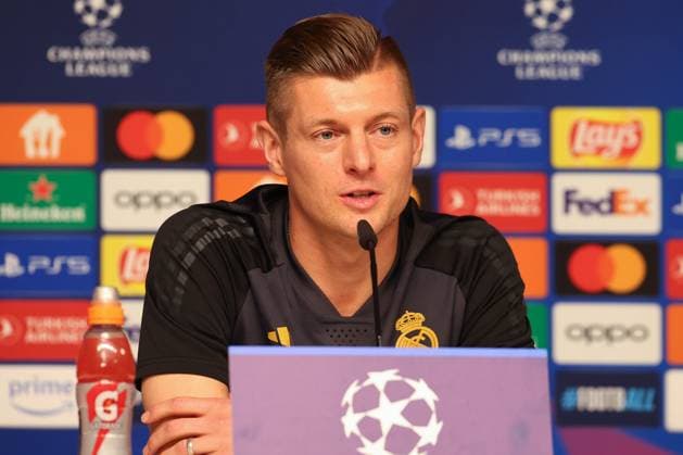 Press conference Real Madrid UEFA Champions League Leipzig, 12 02 2024, Red Bull Arena, Football, Men, Season 2023 2024, UEFA Champions League, Round of 16, Press conference Real Madrid , Pictured Toni Kroos 8, Real ,