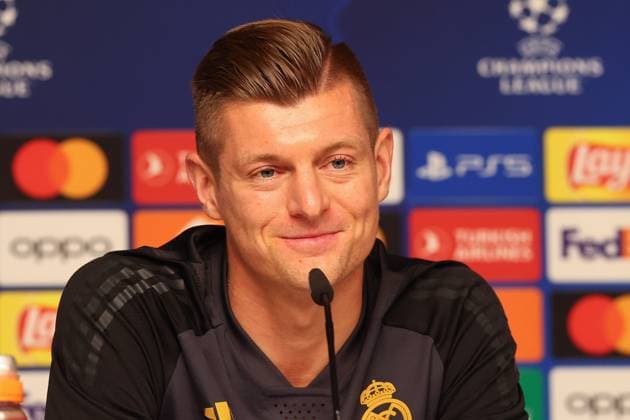 Press conference Real Madrid UEFA Champions League Leipzig, 12 02 2024, Red Bull Arena, Football, Men, Season 2023 2024, UEFA Champions League, Round of 16, Press conference Real Madrid , Pictured Toni Kroos 8, Real ,