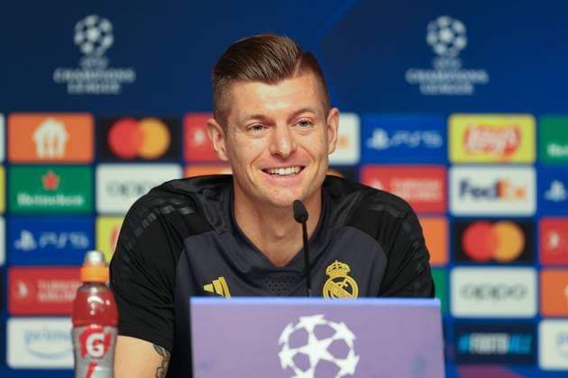 Press conference Real Madrid UEFA Champions League Leipzig, 12 02 2024, Red Bull Arena, Football, Men, Season 2023 2024, UEFA Champions League, Round of 16, Press conference Real Madrid , Pictured Toni Kroos 8, Real ,