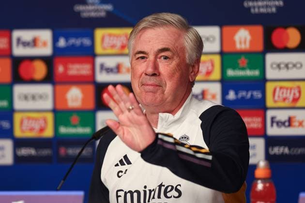 Press conference Real Madrid UEFA Champions League Leipzig, 12 02 2024, Red Bull Arena, Football, Men, Season 2023 2024, UEFA Champions League, Round of 16, Press conference Real Madrid , In the picture coach Carlo Ancelotti, Real Madrid ,