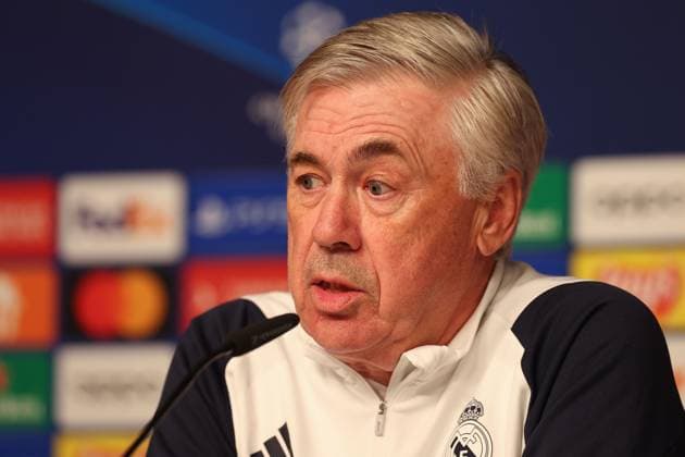 Press conference Real Madrid UEFA Champions League Leipzig, 12 02 2024, Red Bull Arena, Football, Men, Season 2023 2024, UEFA Champions League, Round of 16, Press conference Real Madrid , In the picture coach Carlo Ancelotti, Real Madrid ,