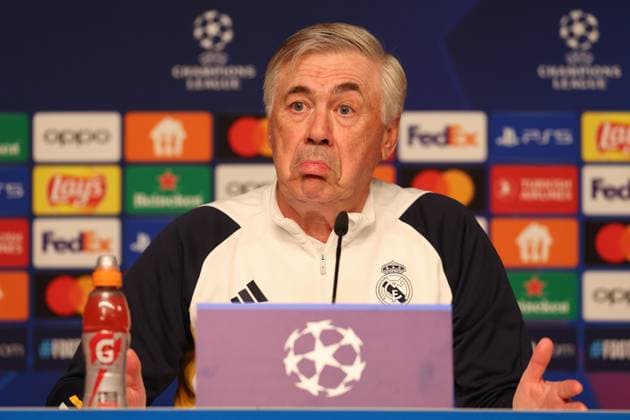 Press conference Real Madrid UEFA Champions League Leipzig, 12 02 2024, Red Bull Arena, Football, Men, Season 2023 2024, UEFA Champions League, Round of 16, Press conference Real Madrid , In the picture coach Carlo Ancelotti, Real Madrid ,