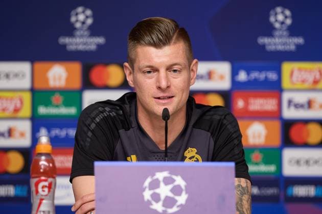 Sport Bilder des Tages Real Madrid s training and press conference, PK, Pressekonferenz in Leipzig - 12 Feb 2024 Toni Kroos of Real Madrid attends a press conference on the eve of the UEFA Champions League round of 16, first-leg football match between RB Leipzig and Real Madrid CF in the Red Bull Arena. Leipzig Germany Copyright: xFedericoxTitonex xSOPAxImagesx FTITONE_0005
