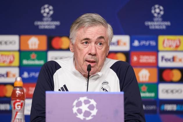 Real Madrid s training and press conference, PK, Pressekonferenz in Leipzig - 12 Feb 2024 Carlo Ancelotti, head coach of Real Madrid attends a press conference on the eve of the UEFA Champions League round of 16, first-leg football match between RB Leipzig and Real Madrid CF in the Red Bull Arena. Leipzig Germany Copyright: xFedericoxTitonex xSOPAxImagesx FTITONE_0012