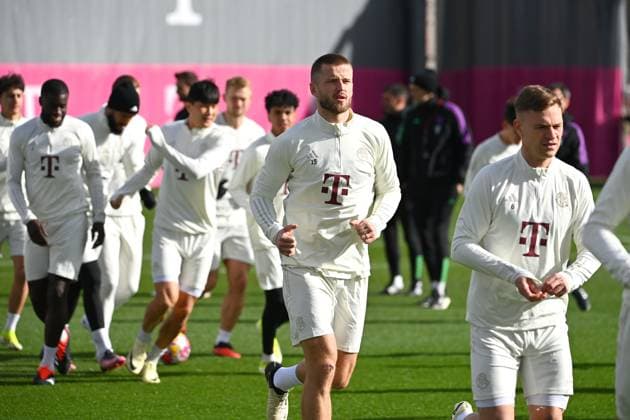 Eric DIER Bayern Muenchen ,re Joshua KIMMICH Bayern Muenchen Soccer Champions League Round of 16 Lazio Rome FC Bayern Muenchen FINAL TRAINING on 13 02 2024,