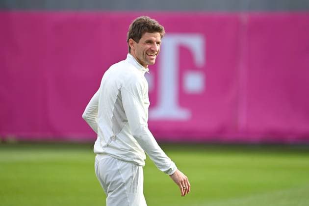 Thomas MUELLER MÜLLER,Bayern Muenchen action,single image,cropped single motif,half figure,half figure Football Champions League Round of 16 Lazio Rome FC Bayern Muenchen FINAL TRAINING on 13 02 2024,